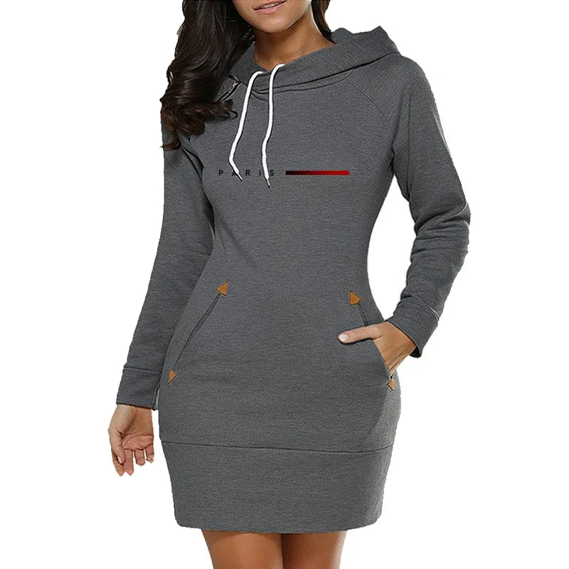 Winter Female Warm Sweatshirt Long-sleeved Dress Woman Clothing Hooded Collar Pocket Simple Casual lady Dress Vesdies Sweatshirt