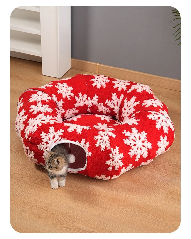 Round Donut Cat Beds Christmas House Soft Plush Pet Mat for Puppy Cushion for Cats To Hide 2 in 1 Tunnel Cats Sleeping Sofa Noel