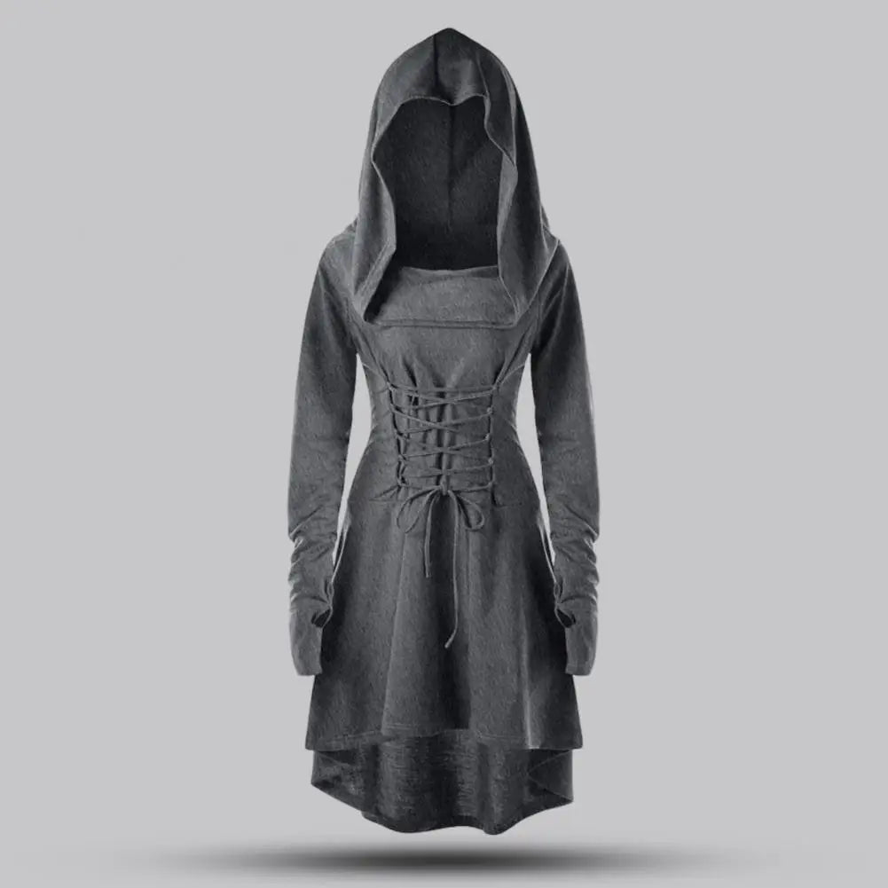 Women Milk Silk Dress Hooded Long Sleeves Lace-up Strap Slim Waist Irregular Hem Women Midi Dress Festival Party Halloween Dress