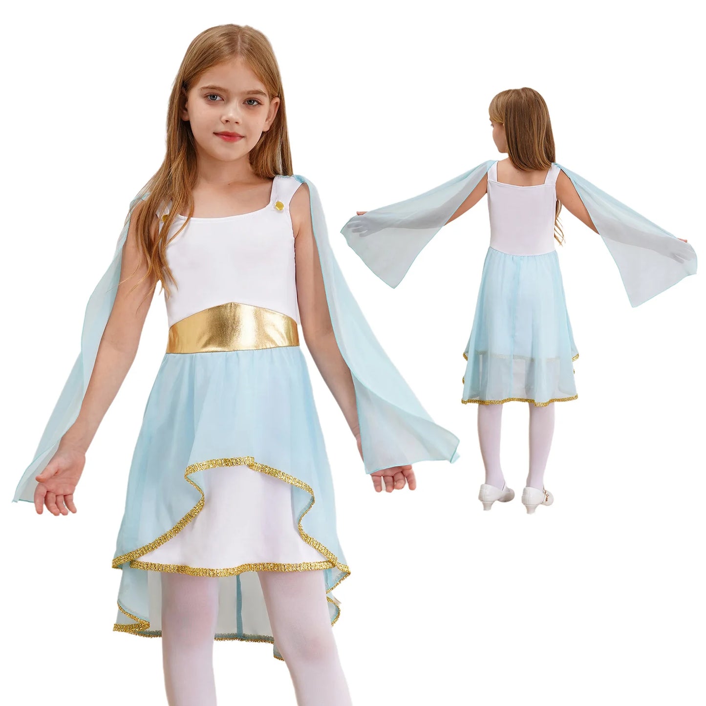 Halloween Virgin Mary Costume for Kids Girls Fancy Greek Princess Cosplay Long Sleeve Ruffle Dress with Chiffon Cape Theme Party