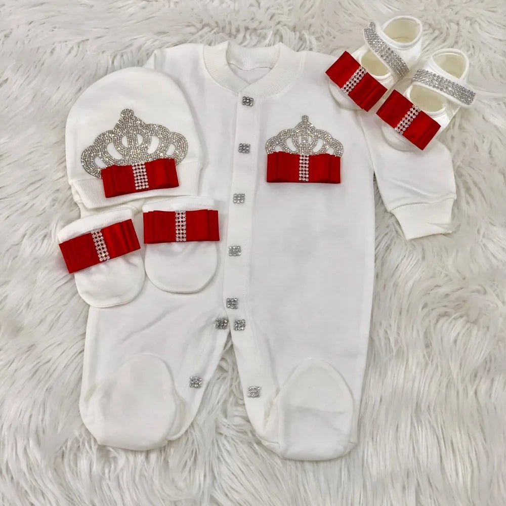 Dollbling Baptism Outfit Boy Prince Luxury Bling Christening Coming Home Romper Bonnet Set Mittens Nursery Hospital Clothing set