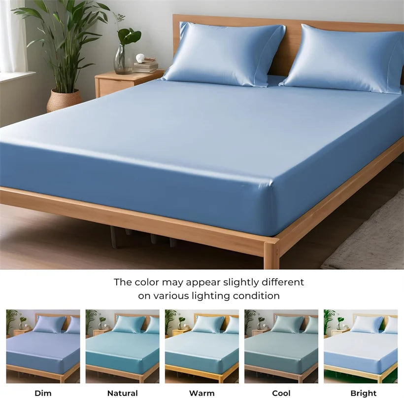 Pure Natural Mulberry Silk Fitted Sheet with All Around Elastic Band Soft Silky Breathable Mattress Cover Luxury Anti-Slip Sheet