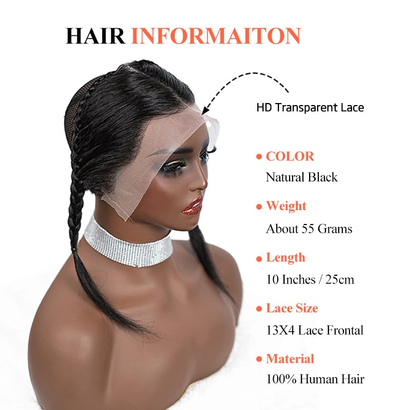 10 Inches 13x4 Inch Lace Front Plait Wig Black Gele Frontal Wig 100% Human Hair with Baby Hair Wig for Women