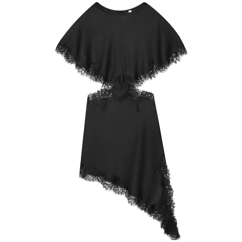 HXAO Cut Out Black Dress Woman Asymmetrical Lace Midi Dress Cape Sleeve Elegant Party Dresses Women Sexy Luxury Cocktail Dress