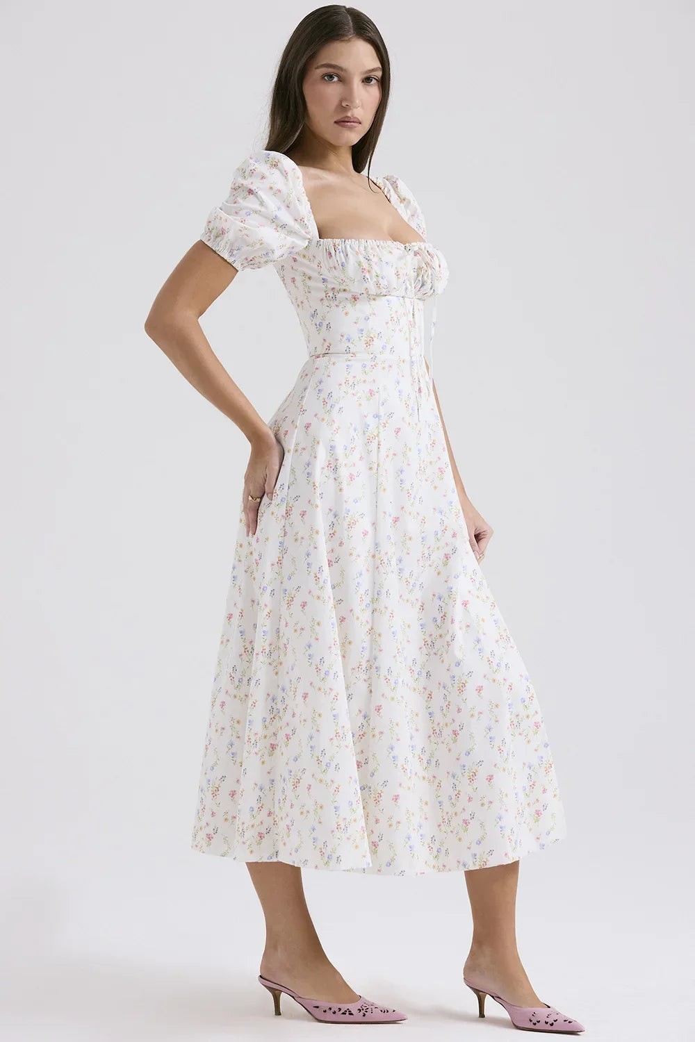 Elegant Fairylike French Style Gentle Floral Print Strapless Midi Dress Slimming Women's Fashion High End Feeling Dress