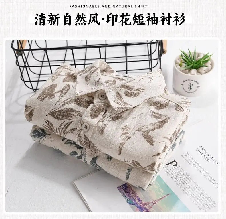 Vacation Leaf Print Linen Blend Short Sleeve Shirt Mens Lapel Casual Breathable Top