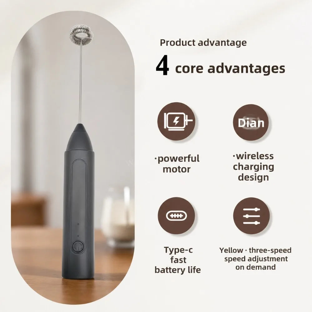 Electric Coffee Frother 2 In 1 Rechargeable Type-C Blender Stainless Steel 3 Speeds Milk Mixer Egg Beater Handheld Foam Maker