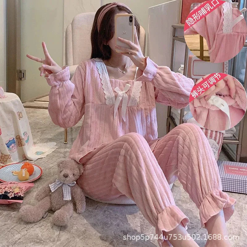 Autumn Long Sleeve flannel Maternity Clothing winter Thin coral fleece Pajamas Set Pregnant Women Breastfeeding Nursing Pyjama