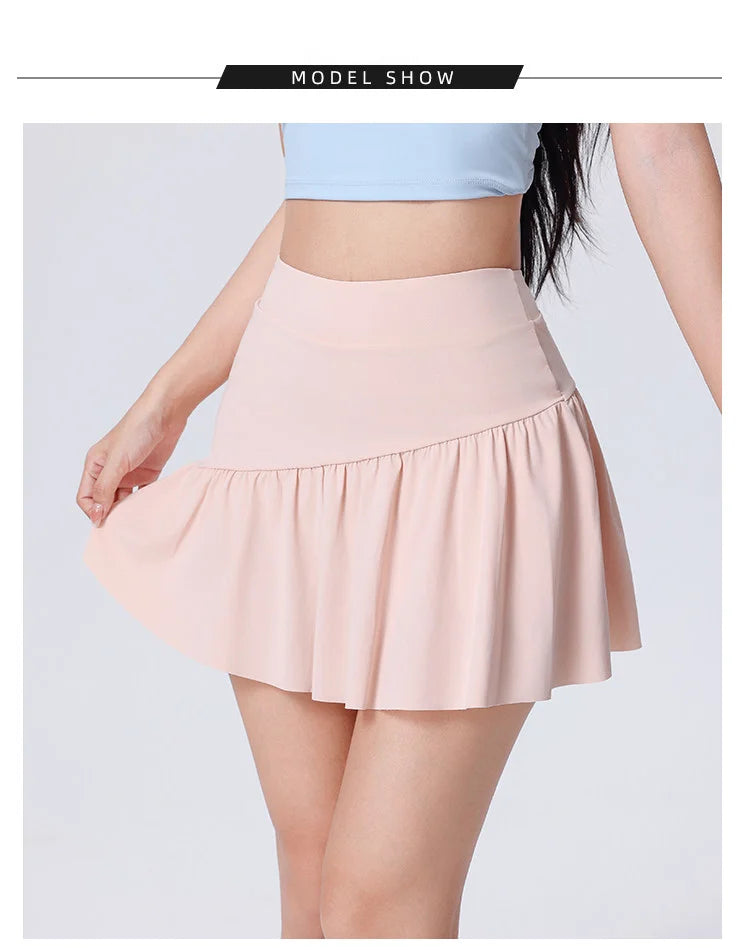 Women High Waist Asymmetrical Tennis Skirt Built-in Shorts Quick Dry Breathable Workout Running Sports Mini Skort
