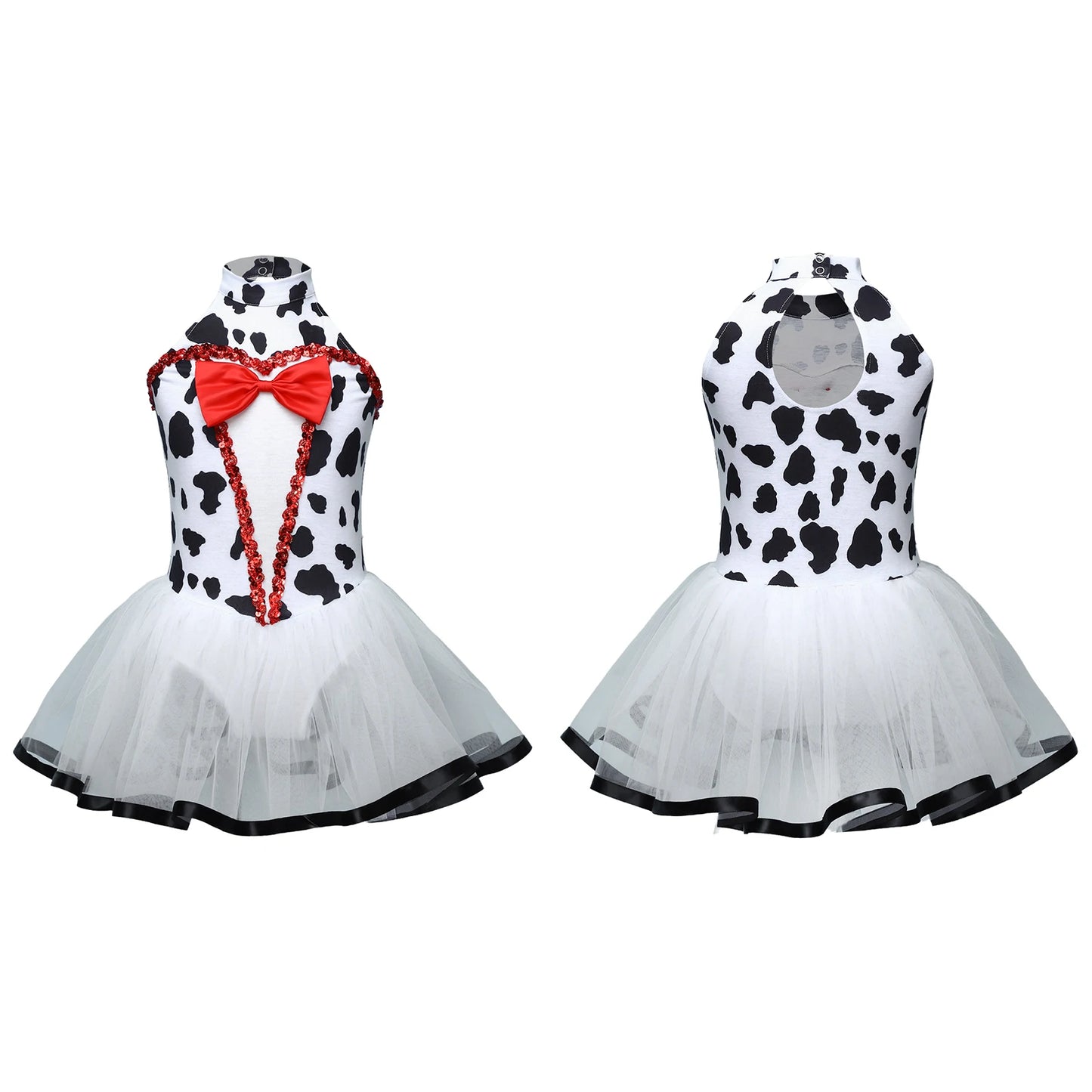Children Girls Tutu Dress Halloween Theme Party Outfits Spotted Dog Fancy Dress Up Printed Mesh Leotard Dress Dalmatian Costume