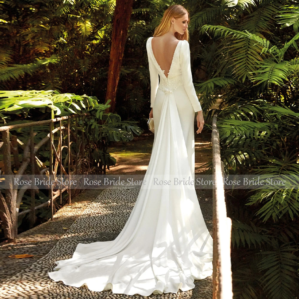 Ivory Mermaid Wedding Dresses for Bride Long Sleeves Trumpet Wedding Gowns Women Backless Bateau Applique Formal Bridal Dress