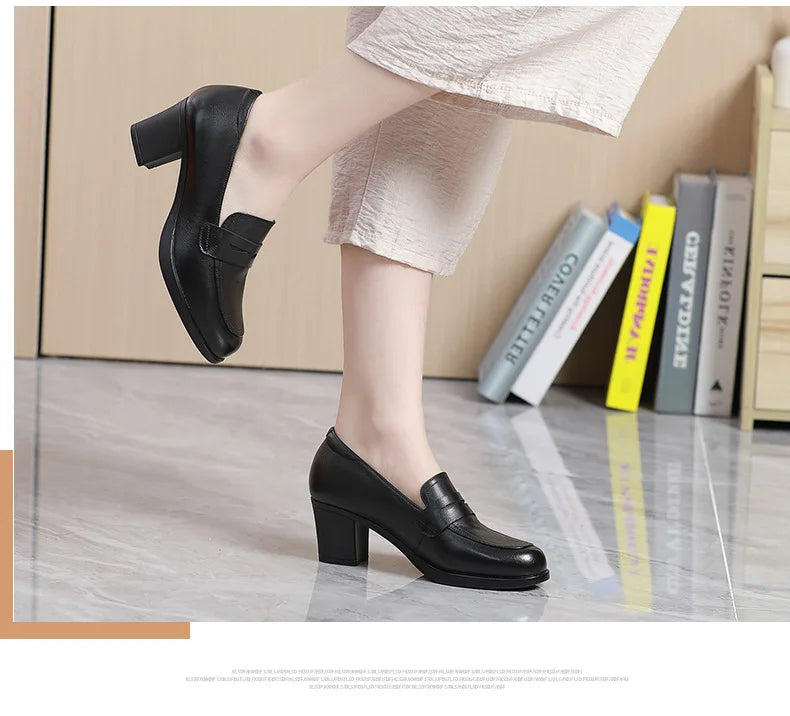 GKTINOO Pumps Women Genuine Cow Leather Round Toe Slip-On Loafers Med Heel Lady Shoes Handmade Women's Work Shoes