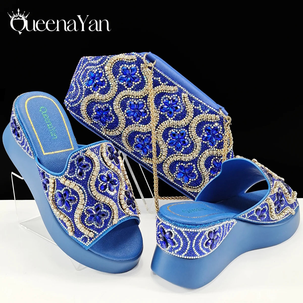 Queena Yan Popularity Open Toe Luxury Fashion Women High Heels Shoes and Bags Set With Rhinestone for  Wedding Party Elegant
