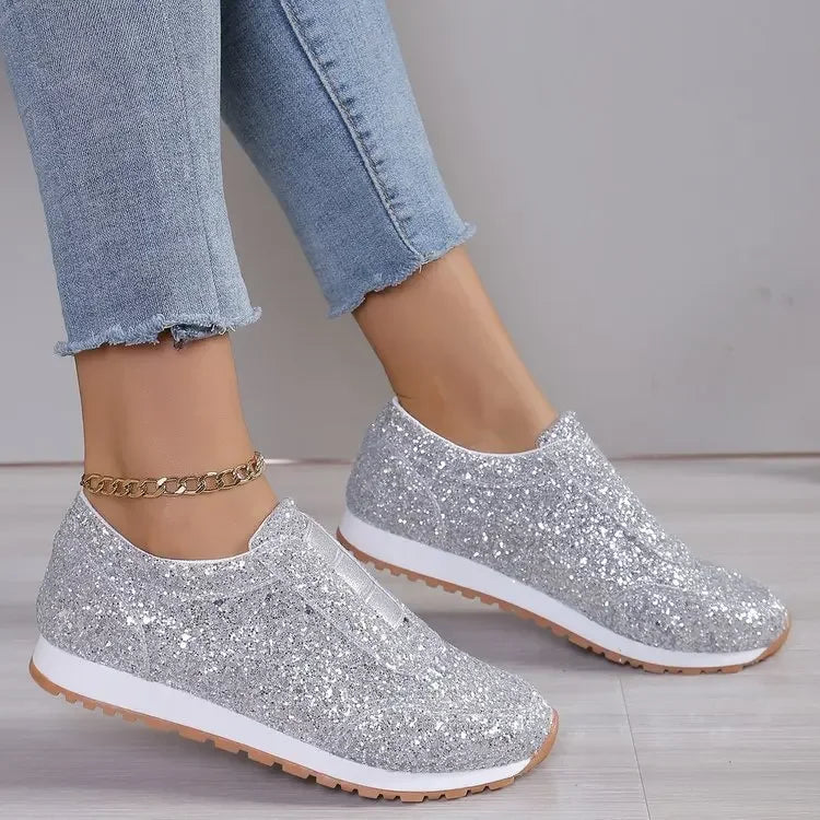 2025 Autumn New Fashion Slip-on Low-heeled Women's Sneakers Gold Silver Trend Sport Shoes Ladies Outdoor Casual Walking Shoes