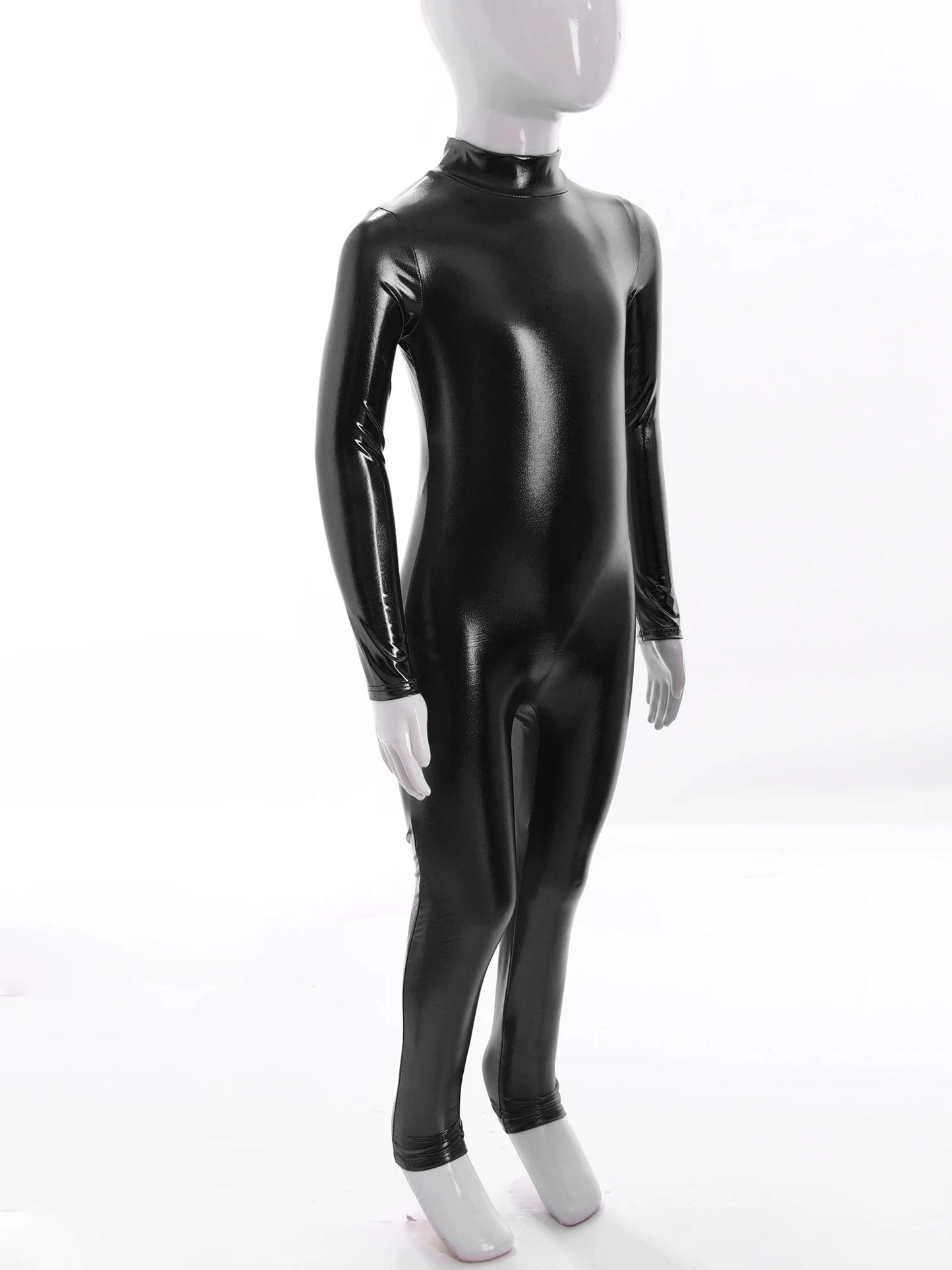 Kids Boys Girls Dance Metallic Jumpsuit Children's Gymnastics Bodysuit Performance Costume Long Sleeve Full Length Leotard