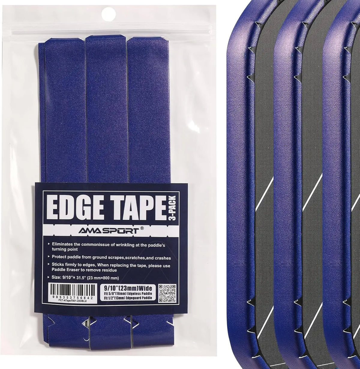 AMASPORT Pickleball Paddle Protection Tape 20mm/23mm/26mm  for 13mm/16mm/19mm Paddle-Navy Blue-Pickleball Edge Euard Tape