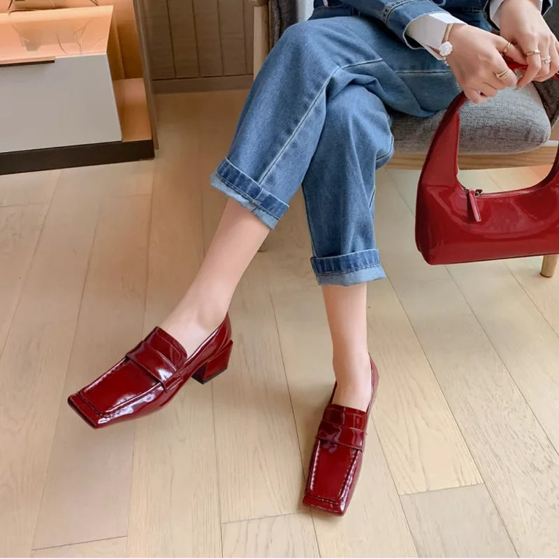 Womens Red Shoes Spring Autumn Basic Pumps Block Heel Dress Loafers French Slip On Square Toe Cow Leather Dress Footwear Size 43