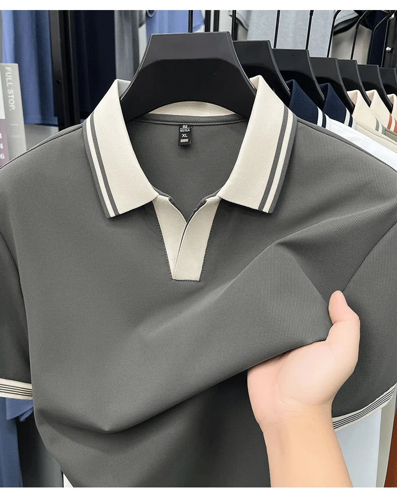 Light luxury summer new short sleeve polo shirt silky breathable high-end men's fashion personalized color blocked lapel T-shirt