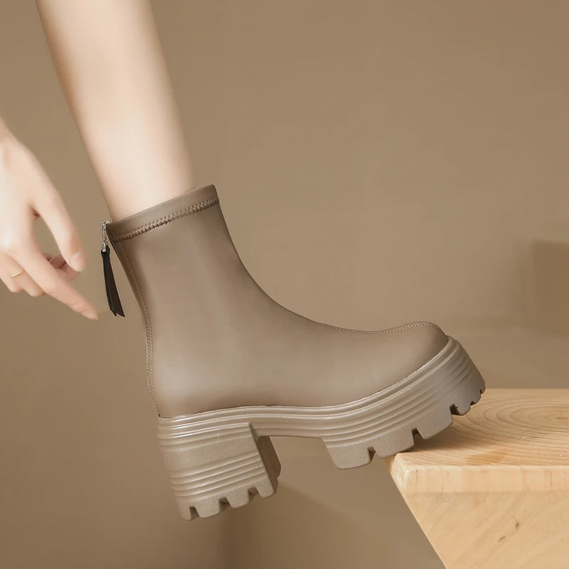 8CM Autumn Chunky Boots High Platform Leather Sneakers Women Round Toe Chelsea Boots British Style Thick Sole Female Ankle Shoes