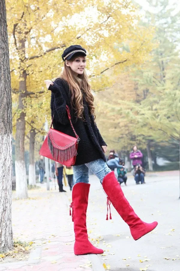 Sexy Womens Boots Faux Suede Over The Knee Flat Warm Boots Comfortable Thigh High Boots Lace-up Woman Winter Shoes High Quality