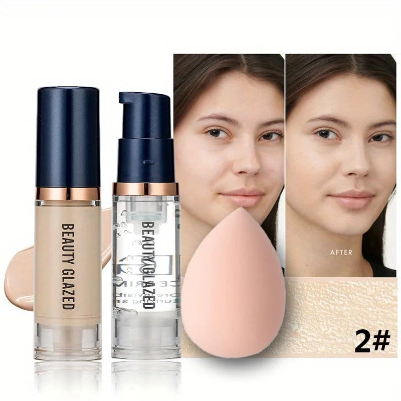BEAUTY GLAZED 3Pcs Face Makeup Set, Matte Long Lasting Waterproof Liquid Foundation+Primer+Puff