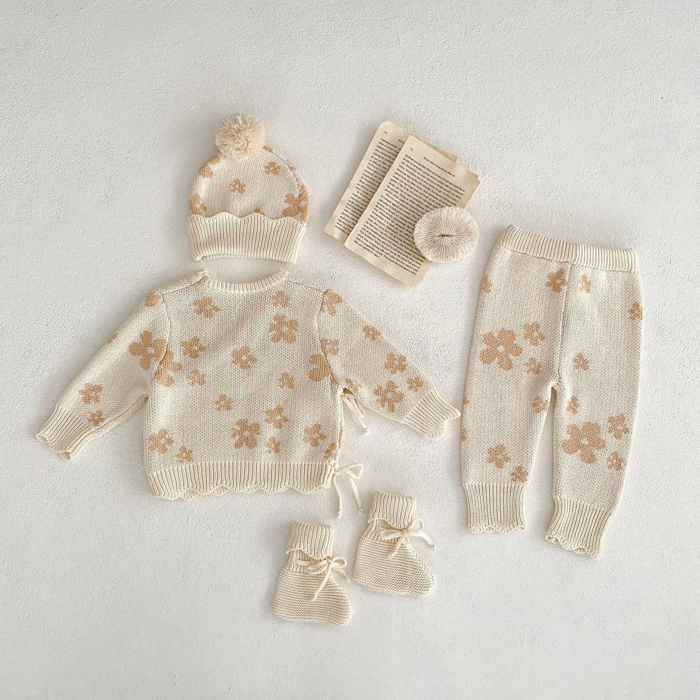 Baby Clothing 2025 Autumn Winter New Fashionable Casual Simple Sweet Floral Jacquard Coat Knitted Pants Hat Socks Kids Clothes