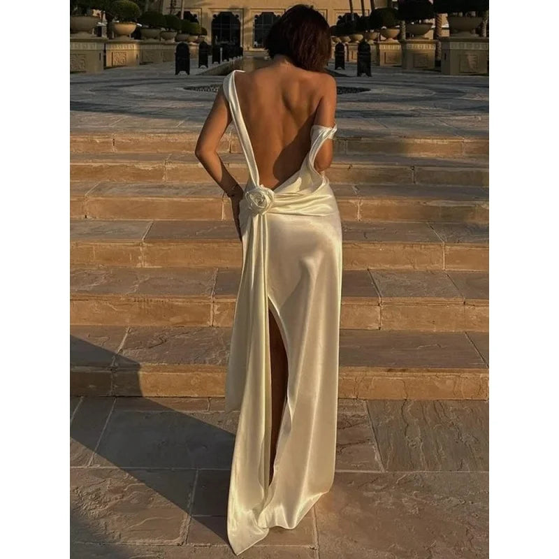 Elegant Satin Dress for Women Sexy Spliced Floral Hollow Out Backless Slit Long Dresses 2025 New Chic Temperament Cocktail Dress
