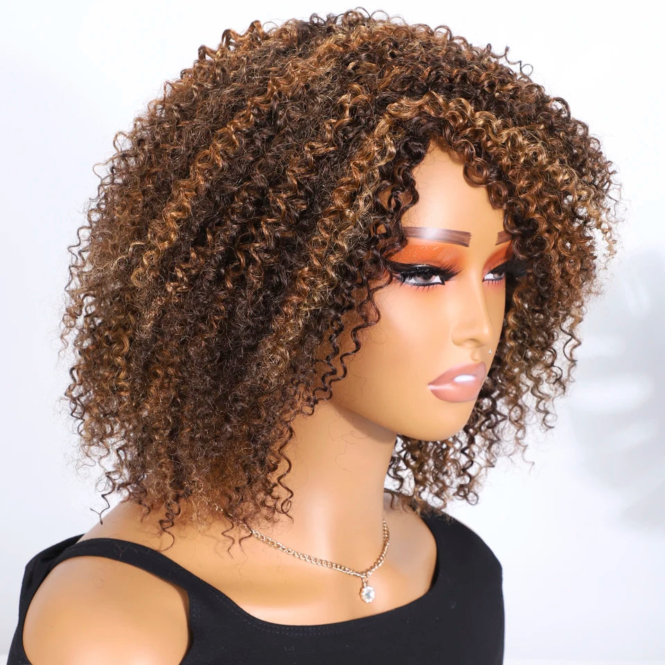 Lekker Highlight Brown Kinky Curly Bob 100% Human Hair Wigs For Women Brazilian Remy Hair Full Machine Made Clearance Curly Wigs
