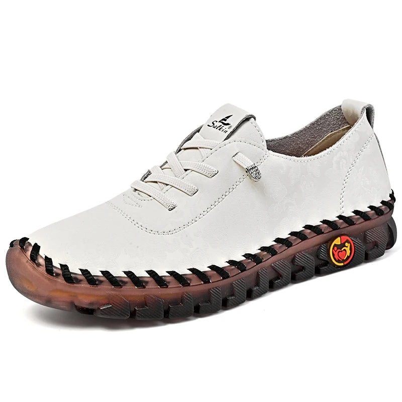 Print Fashion Sneakers Women Hand-stitching Leather Casual Shoes Design Platform Loafers Breathable Flats Shoe Driving Plus Size
