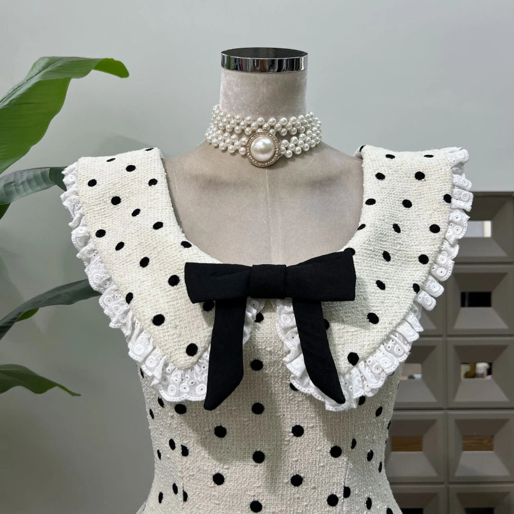 Women's Sexy A Line Lace Edge Polka Dot Fashion Round Neck Bow Short Mini Dresses Birthday Party Dinner Evening Cocktail Dress