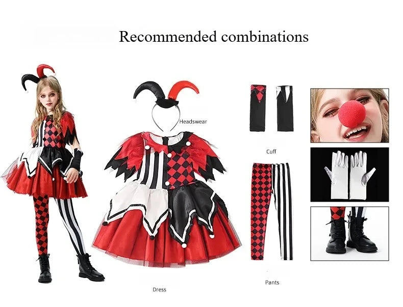 Halloween Cosplay Costumes Horror Clown Dresses Pants Headwear Clothes Sets Carnival Theme Party Role Playing Outfits for Girls