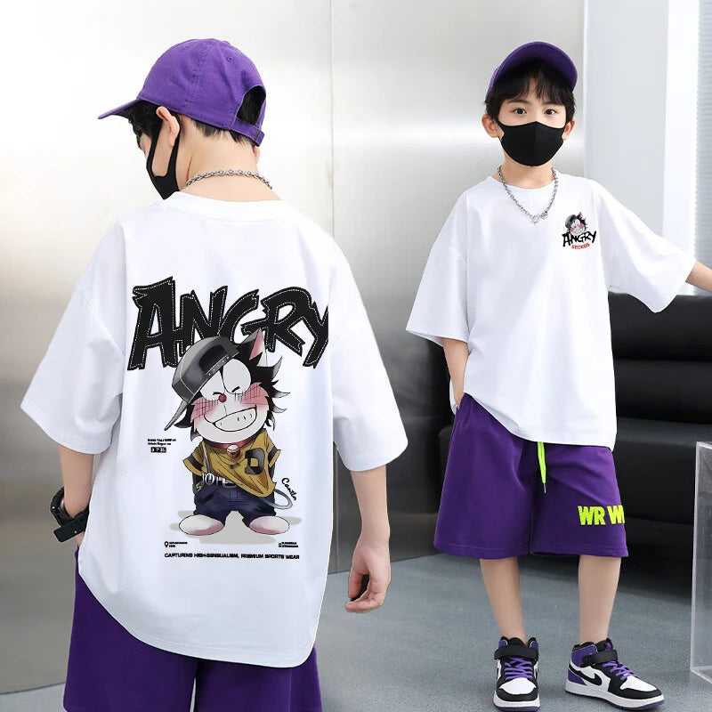 Summer 100% Cotton Boys Blue T-shirt Cool Graffiti Printed Girls Tees Short Sleeve Children Tops High Quality Kids Clothes 2024