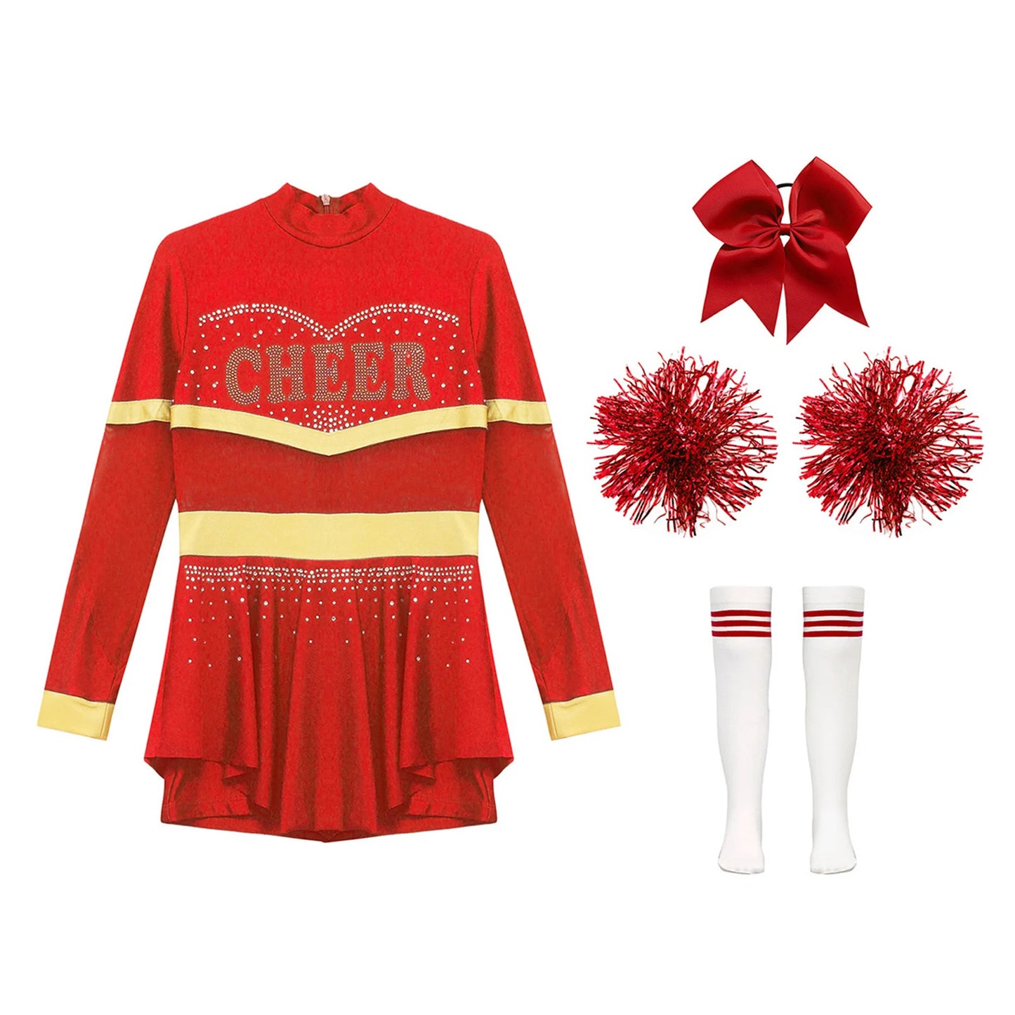 Girls Cheerleader Costume Long Sleeve Cheerleading Uniform Children Cheer Dance Dress Hand Flower Socks Stage Dancewear Sets