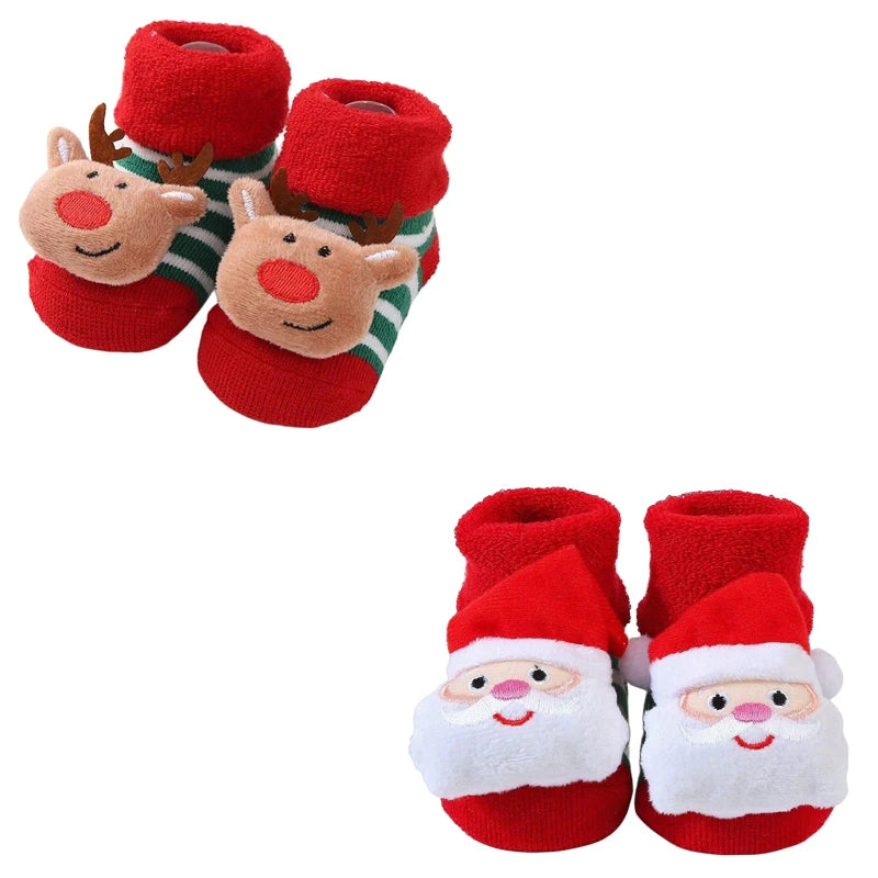 2 Pairs Kids Cotton Socks for Girls Boys Non-slip Toddler Baby Christmas Socks for Newborn Winter Warm New Year Infant Socks