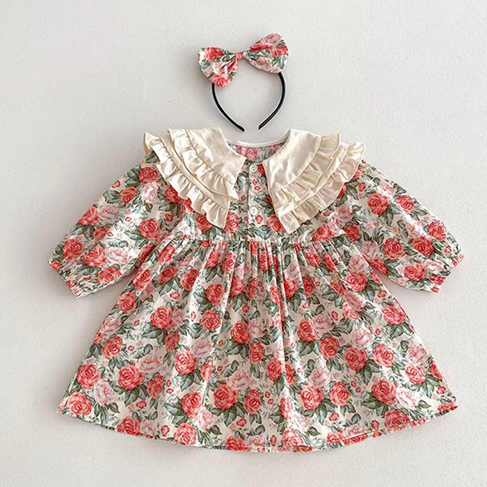 2025 New Spring Baby Sisters Dress 1-5Yrs Girl Party Dress Long Sleeved Cotton Rose Print Romper Sisters Kids Princess Dresses