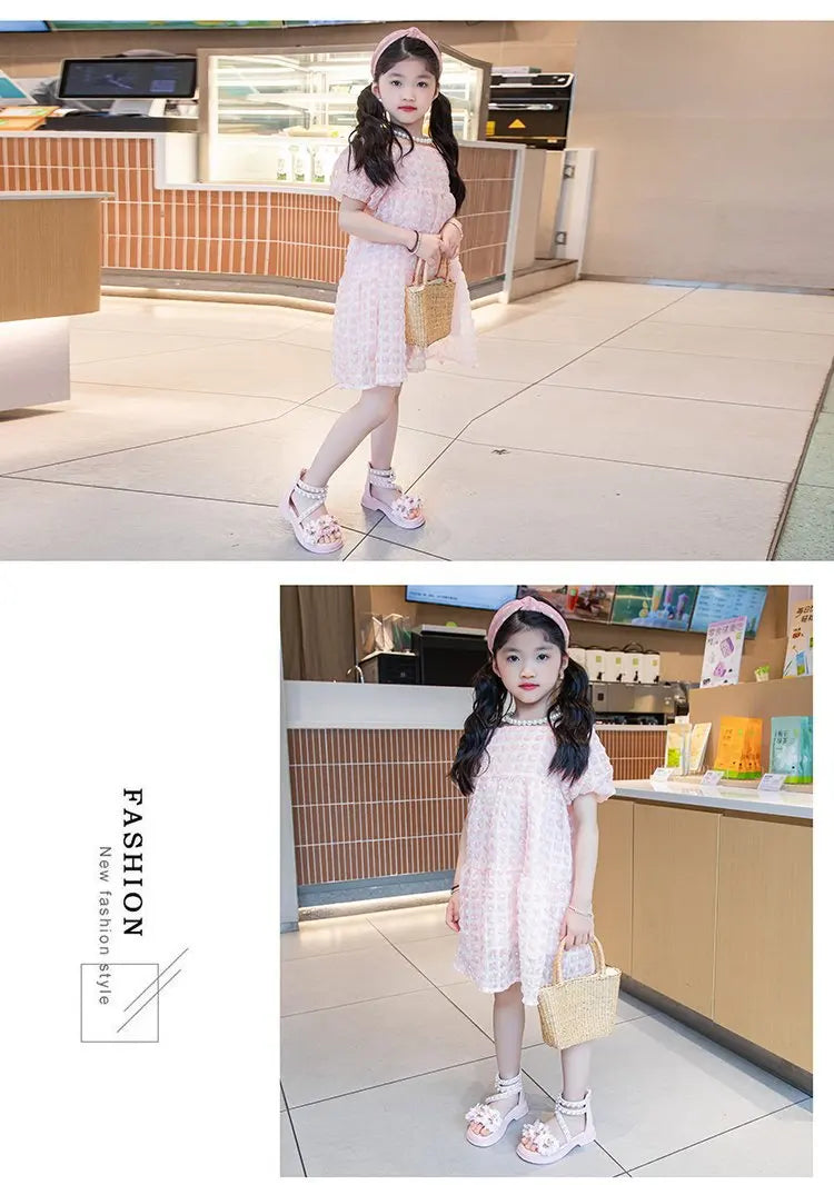 Girls Summer Sandals Soft Bottom Toe-Open Cute Princess Shoes Middle Large Children Little Girls Student Beach Shoes