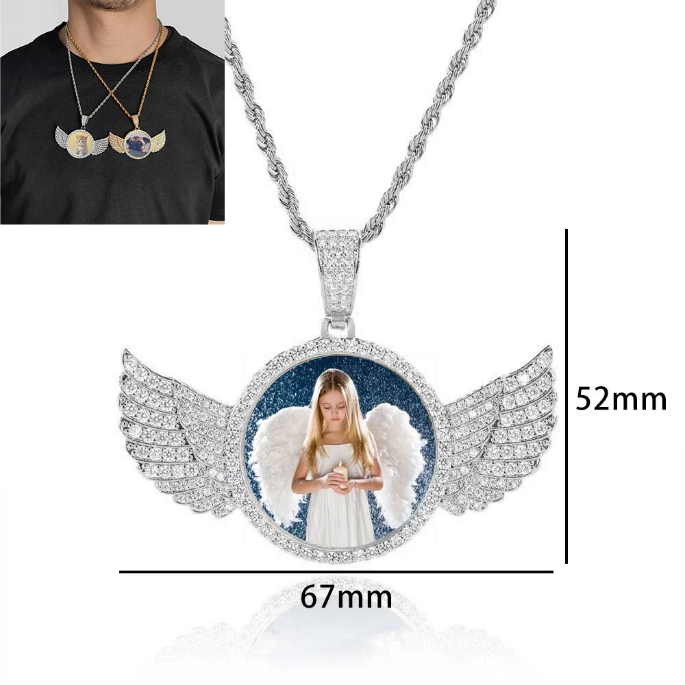 HHIOK Custom 18K Gold Plated Cubic Zircon Photo Pendant Medallions Wing Circle Pendant Necklace Personalized Wholesale