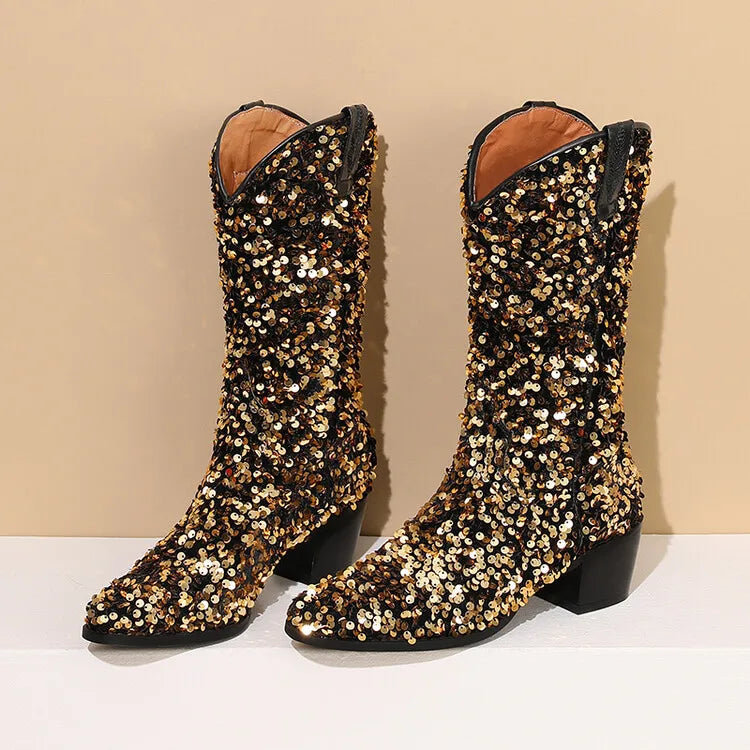 Women Sexy Western Boots Bling Bling Trends Party Chunk Heels Lady Shoes Fashion Pointed Nightclub Female Sequin Mid-Calf Boots