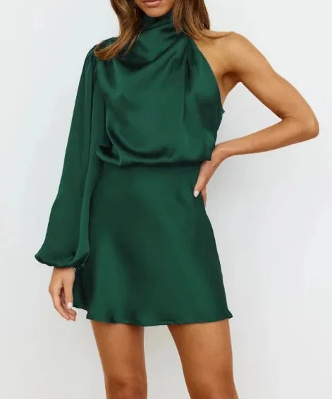 Silk Satin Long Sleeve Mini Skirt Spring 2024 Women's Single Shoulder Cocktail Dress round Neck Short Skirt Fashionable Ladies'