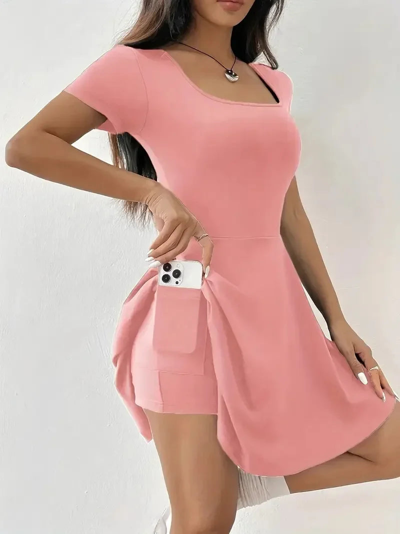 Summer 2025 Brown Knitted Short Casual Dress Mini Skirt Length Polyester Fiber Square Collar Empire Waistline Regular Sleeve