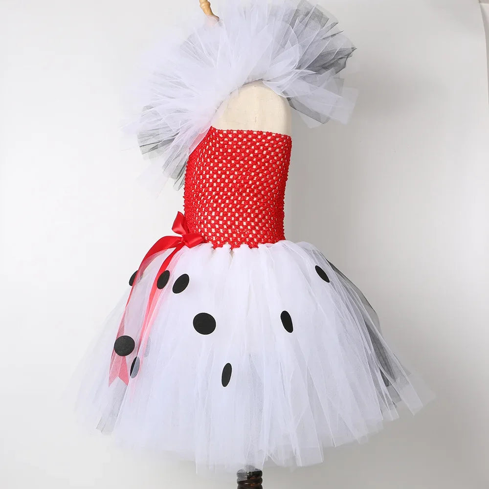Halloween Crulla Cosplay Costume Cruella Tulle Dress Party Girls Black White Carnival Kids Cruella Wig Lace Mask Suit Clothes