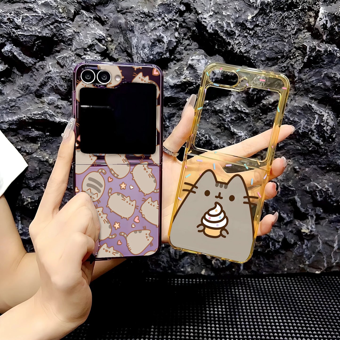Cute Cartoon Funny Donuts P-Pusheens Cat Phone Case for Motorola Moto Razr 40 50 60 Ultra 5G Semi-transparent Foldable TPU Cover
