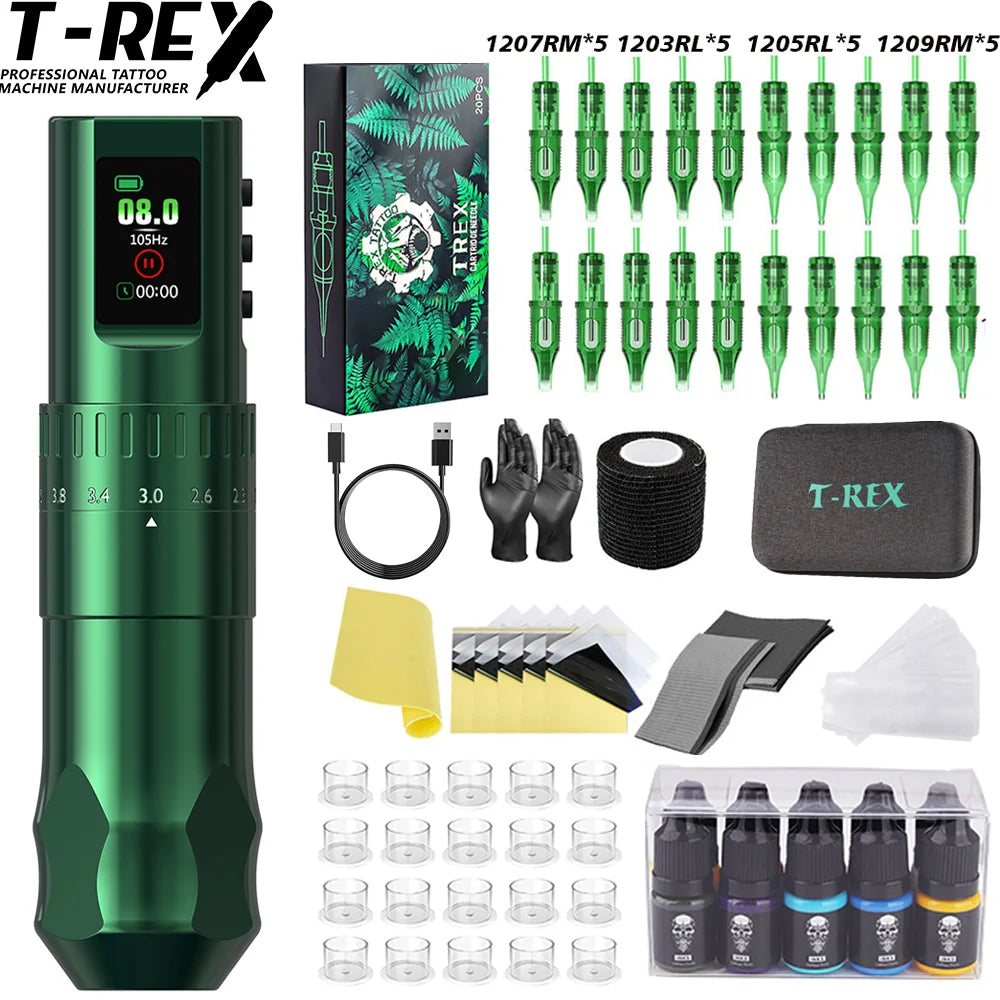T-Rex D4 Wireless Tattoo Pen Complete Kit 2.0-4.2mm Adjustable Stroke Dot Work Mode 1600mAh Battery Full Tattoo Supplies Set