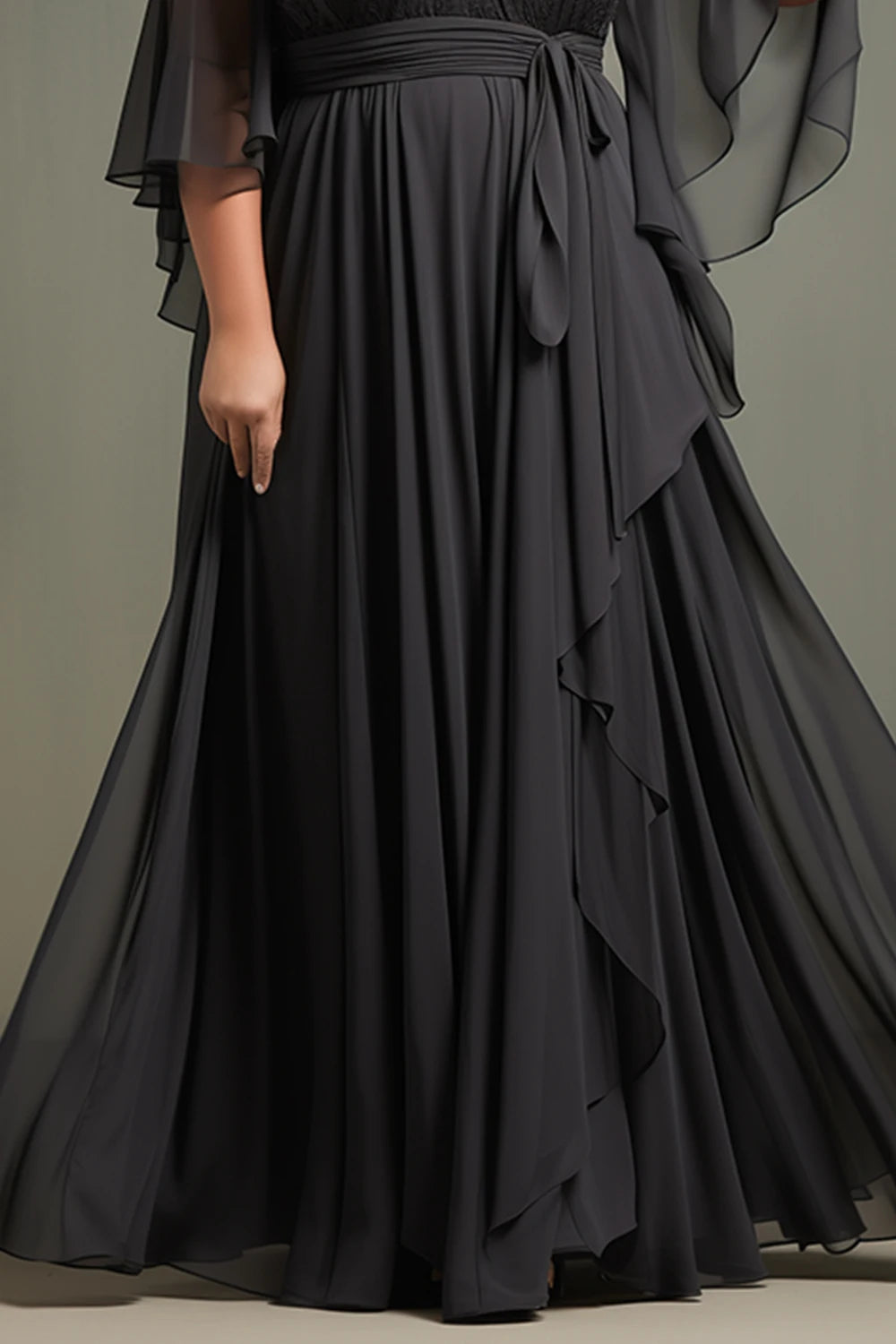 Flycurvy Plus Size Wedding Guest Black Chiffon Lace Flutter Sleeve Asymmetrical Hem Maxi Dress