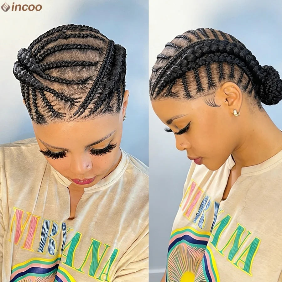 Synthetic Handmade Bantu Braided Wigs Full Lace Cornrow Braids Full Lace Wigs Bun Box Braids Wigs With Baby Hair For Women 12''
