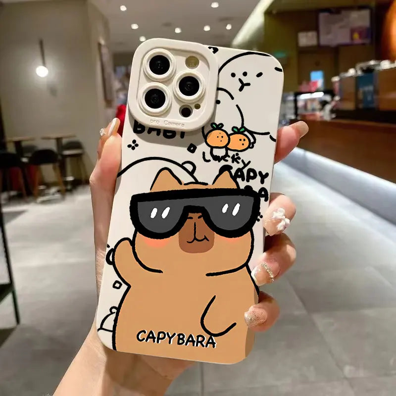 Case For iPhone 17 16 15 14 13 12 11 Pro Max Air XS X XR 16E Cute Capybara Pattern Matte Silicone Camera Lens Portector Cover