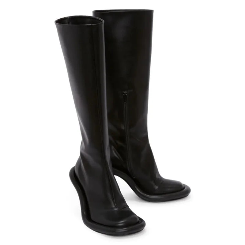 2025Women's New Slim High-heeled Knee High Boots with Side Zipper Round Toe 34-43 Large Mid Length Boots