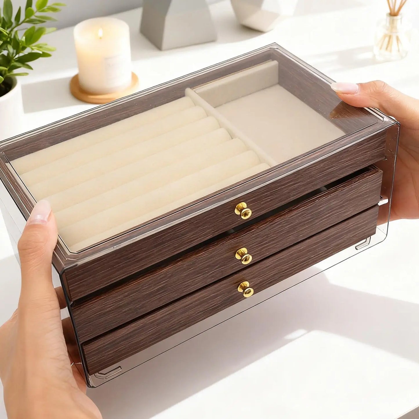 3-layer Large Capacity Drawer Walnut Wood Jewelry Storage Box Suitable for Earring Necklace Ring Jewelry Oxidation Prevention