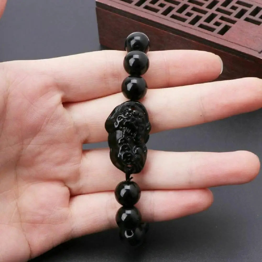 Fashion Jewelry Unisex Pixiu Men Attract Wealth Women Bracelets Obsidian Stone Beads Wristband Good Luck Bangle