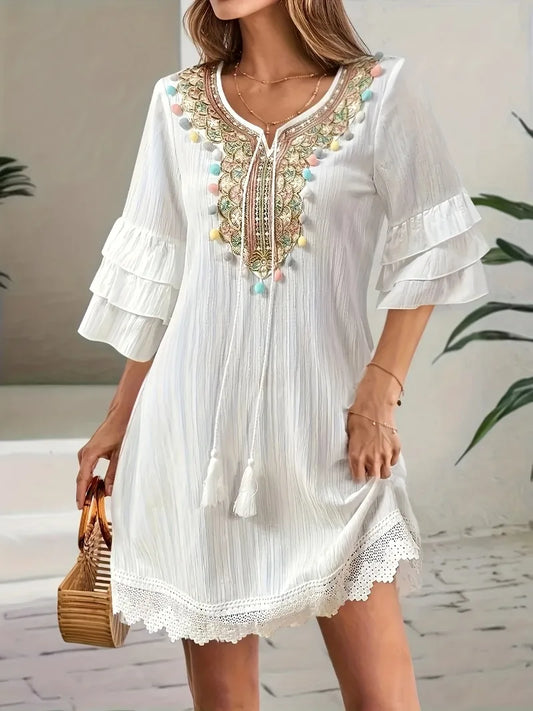 Embroidered Lapel V-neck Dress for Women Ruffled Three-quarter Sleeve Summer Dresses Woman Colorful Tassels Decor Bohemian Dress